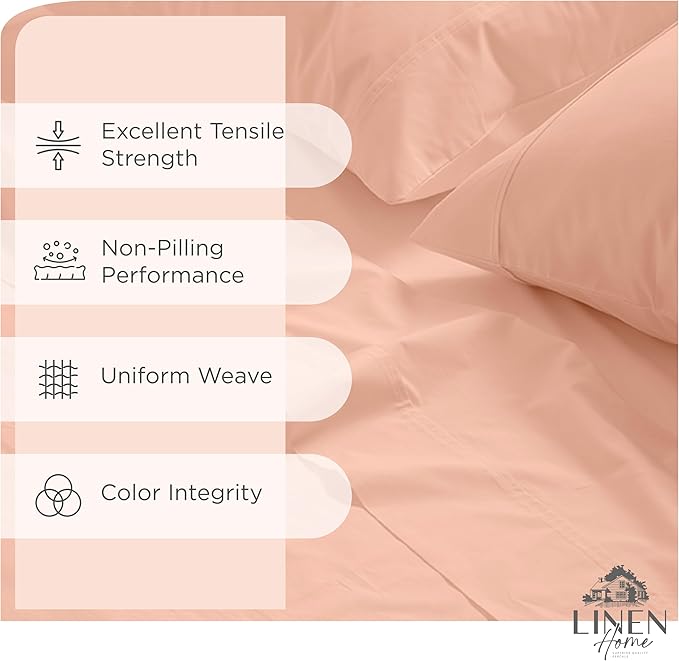 Linen Home 100% Cotton Percale Sheets Twin Size,Tropical Peach, Deep Pocket, 3 Pieces Set - 1 Flat, 1 Deep Pocket Fitted Sheet and 1 Pillowcase, Crisp Cool and Strong Bed Linen