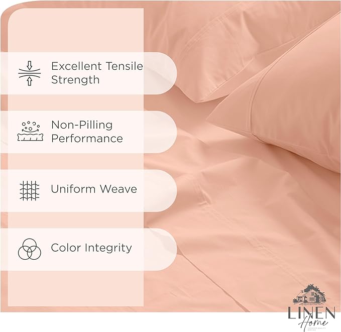 Linen Home 100% Cotton Percale Sheets Twin XL Size, Tropical Peach, Deep Pocket, 3 Pieces Set - 1 Flat, 1 Deep Pocket Fitted Sheet and 1 Pillowcase, Crisp Cool and Strong Bed Linen