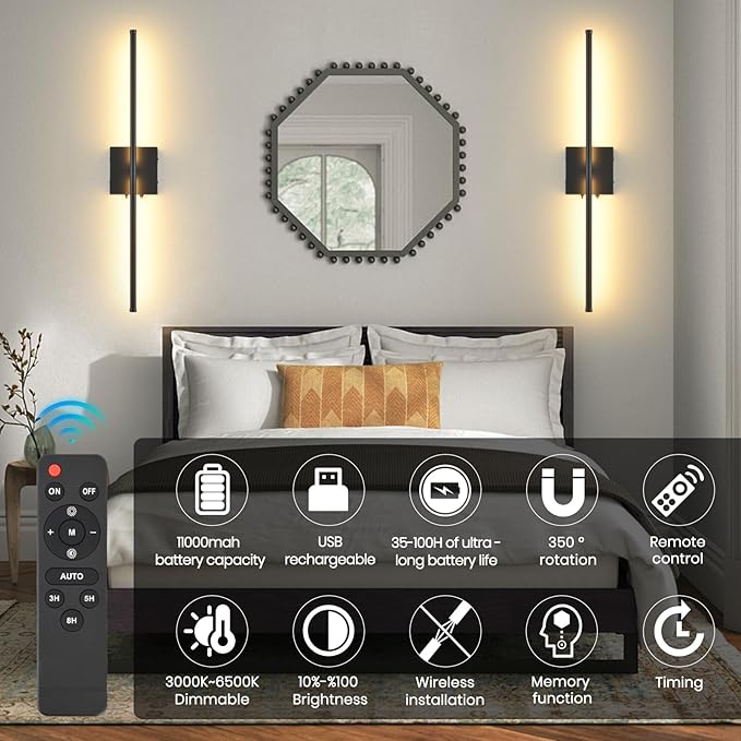 Battery Operated Wall Sconces with Remote Control, 11000mAh LED Wireless Rechargeable Black Wall Lights, 350°Rotate Dimmable Wall Lamp, 3 Color Temperatures, for Bedroom, Living Room, Hallway, 1 PCS