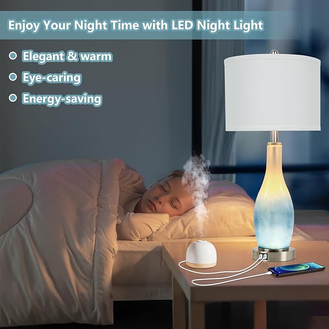 BesLowe 26in Tall Glass Table Lamps Set of 2 with 2 USB Charging Ports & LED Nightlight, Large Coastal Table Lamps for Living Room End Table, Modern Beach Lamps for Bedroom Bedside Nightstand, Blue