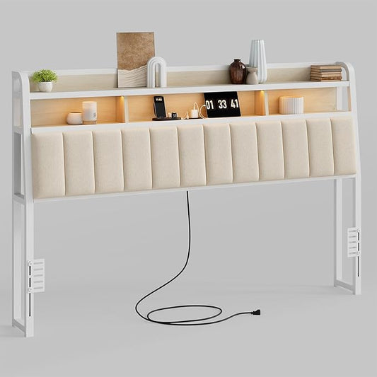 Ergonomic Headboard for King Size Bed with 2-Tier Storage, Upholstered Headboards with Outlets, USB Ports, LED Light, King Head Board Only, Height Adjustable, Sturdy and Stable, White