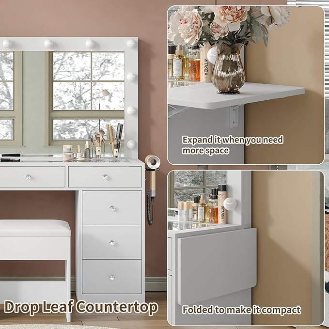 Vanity Desk & Power Outle, Makeup Vanity with Mirror and 12 LED Lights, 9 Drawers Makeup Table with Fold-up Panel, Vanity Set 3 Lighting Modes Brightness Adjustable (White)