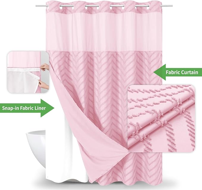 No Hook Boho Farmhouse Shower Curtain with Snap-in Fabric Liner set-71Wx74H(72H),Pink Tufted Chevron Striped Hotel Grade Cloth Shower Curtains for Bathroom with Window,Water Repellent