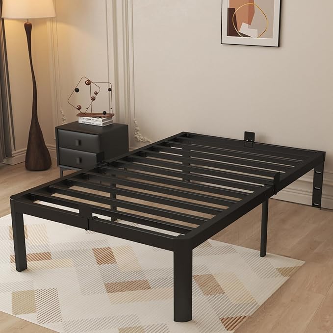 14 Inch Twin Bed Frames, Black Bed Frame Twin Size with Metal Baffles, No Box Spring Needed, Heavy Duty Steel Platform Supprt, Rounded Corner Design, Reserved Holes, Storage Space, Noise Free