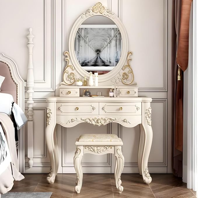 CraftThink Modern Makeup Vanity Set, Bedroom Makeup Vanity Desk Wood Vanity Dressing Table for Bedroom, Makeup Vanity & Mirror & Stools Oval 31" L x 19" W x 64" H