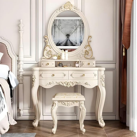 CraftThink Modern Makeup Vanity Set, Bedroom Makeup Vanity Desk Wood Vanity Dressing Table for Bedroom, Makeup Vanity & Mirror & Stools Oval 31" L x 19" W x 64" H