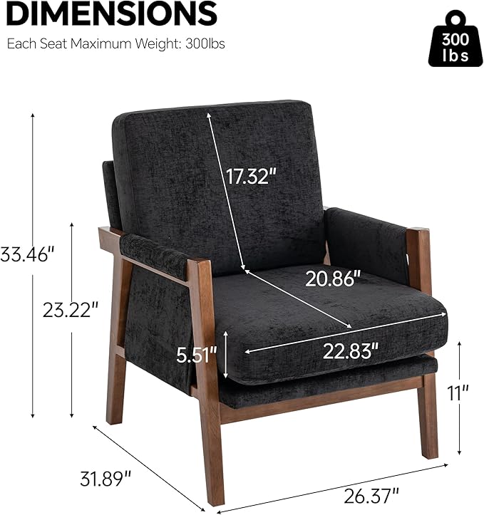 Mid Century Modern Accent Chair with Wood Frame, Upholstered Living Room Chairs with Wide Armrest, Chenille Fabric Comfy Arm Chair for Bedroom, Reading Room, Balcony (1, Black)