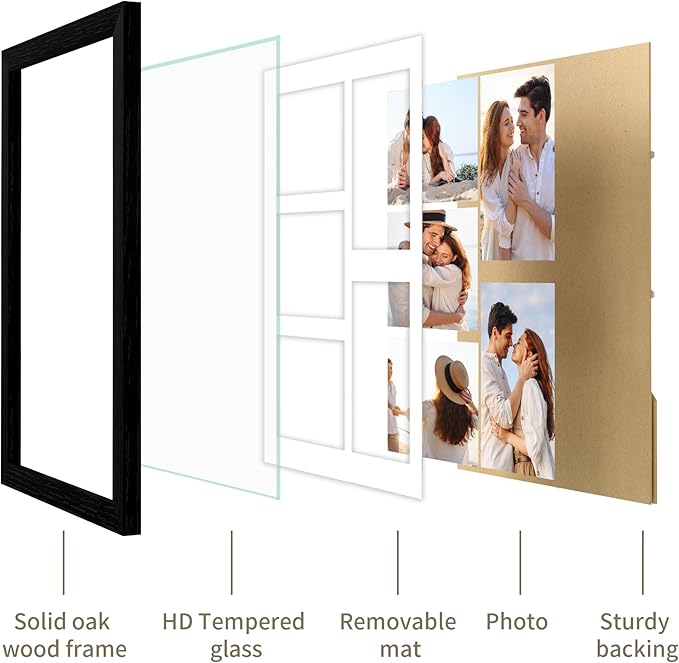 Solid Oak Wood Frame - 11x14 Black Wooden Picture Frames with Real Tempered Glass,5 Opening 4x6 with Mat or 11x14 Without Mat for Wall Decor Art Photo(Color Black)