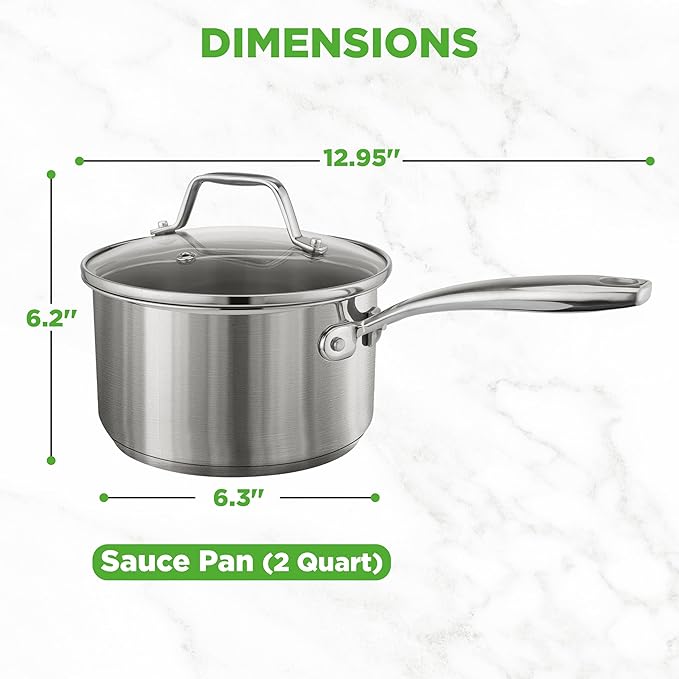 NutriChef 2 Quart Stainless Steel Pot with Lid - Heavy Duty Saucepan with Ergonomic Handles, For All Cooktops
