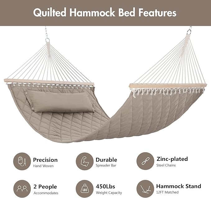 ANOW Double Hammock with Spreader Bars and Detachable Pillow, 2 Person Hammock for Outside, 450 LBS Weight Capacity, Light Brown