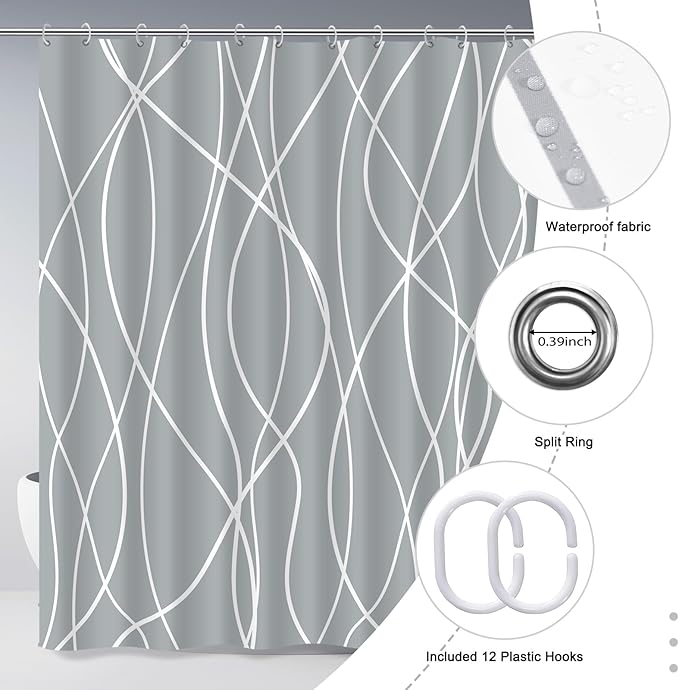 Punkray Light Grey Shower Curtain for Bathroom with Hooks, Shower Curtain Set Stripe Bath Curtains Decorative White Shower Curtains Weighted Hem Water Repellent Washable, 72 x 72