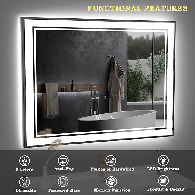 48" x 36" LED Bathroom Mirror with Lights Framed LED Mirror for Bathroom Backlit and Front Lighted Bathroom Mirror Black Square Aluminum Frame Anti-Fog Dimmable Adjustable Shatter-Proof