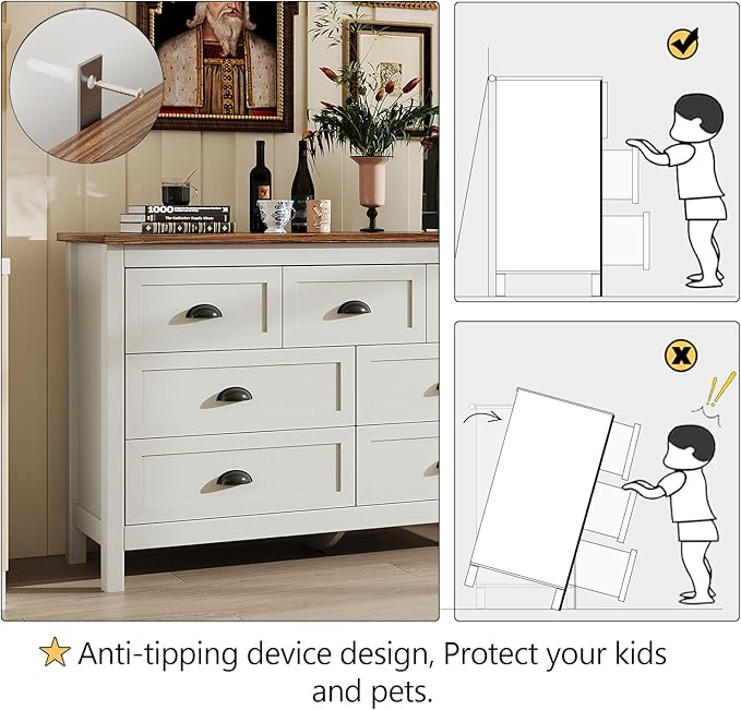 White Dresser for Bedroom, Farmhouse 7 Drawers Dresser, Wide Chest of Drawers with Metal Handles, Modern Wood Double Chest Storage Cabinet for Living Room, Bedroom, Hallway