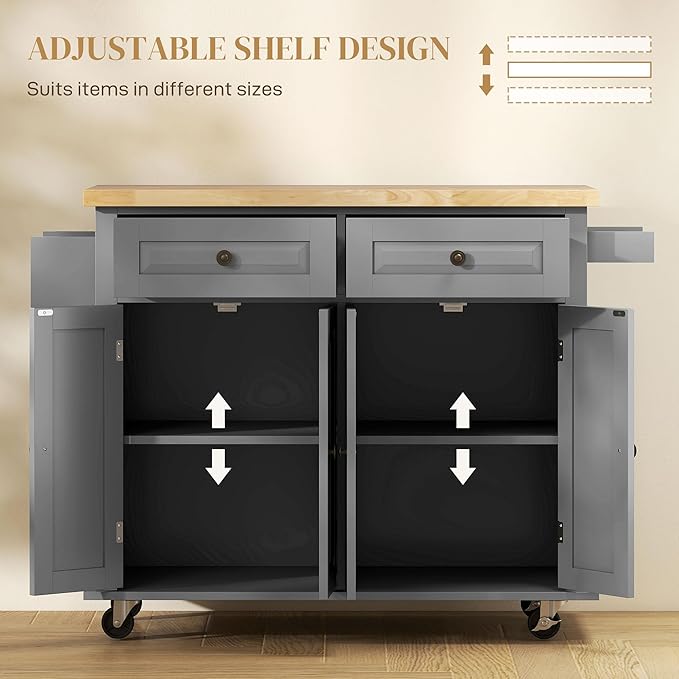 HOMCOM Kitchen Island Cart with Rubber Wood Top, Rolling Kitchen Island Table on Wheels with Drawers, Adjustable Shelves, Spice Rack and Towel Rack for Dining Room, Gray