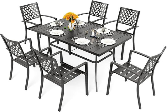 PHI VILLA Patio Dining Set 7 Pcs 1 Metal Dining Table and 6 Patio Stackable Chairs for Outdoor Backyard Bistro Furniture Set