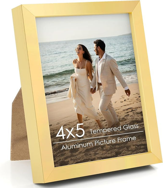 4x5 Metal Picture Frame - Gold Aluminum Picture Frames with Real Glass for Wall Hanging or Tabletop, Horizontally or Vertically, 4 x 5 Wall Gallery Poster Photo Frames for 4 by 5 Photo, Gold
