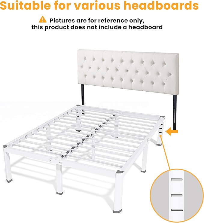 14 Inch Queen Bed Frame, Metal Platform Bed Frame with Round Corner Legs, 3500 lbs Heavy Duty Steel Slats Support, No Box Spring Needed, Noise Free, Easy Assembly, White