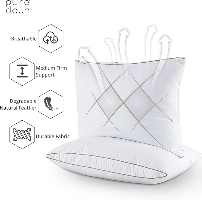puredown® Natural Goose Down Feather Pillows for Sleeping Oval Gusseted Down Feather Pillow 100% Cotton Pillow Cover with Leaf Quilting Queen Set of 2