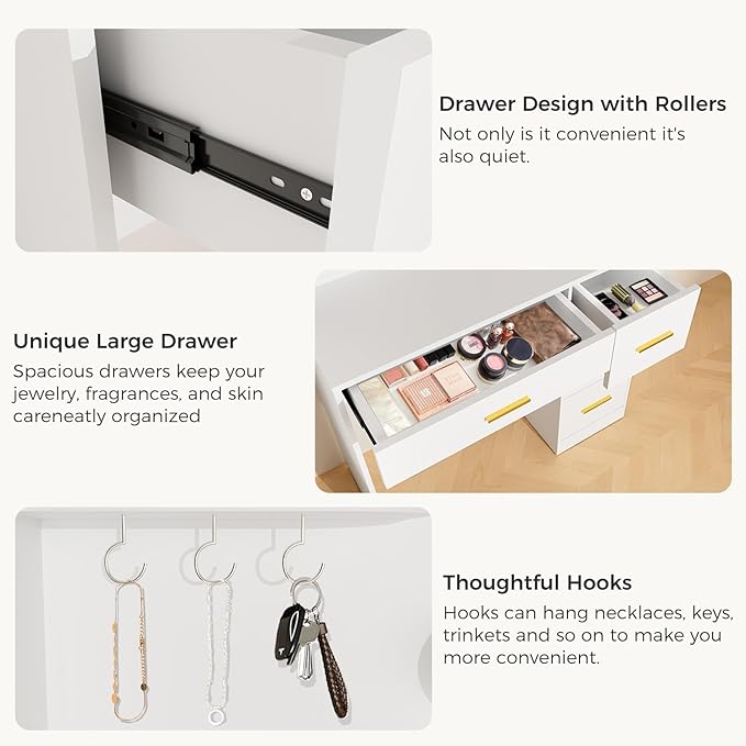 35” Small Vanity Desk with Mirror and Lights,10 Lights,3 Color Modes,Makeup Vanity Desk with 4 Storage Shelves 4 Drawers and Power Outlet,for Bedroom & Dressing Room,White vanitys