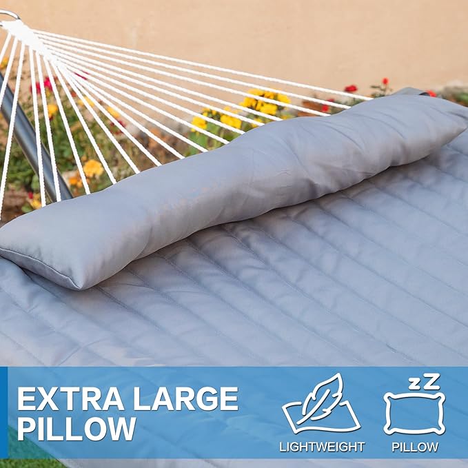 PNAEUT Double Hammock with Stand for Outside, Rope Hammocks with Polyester Pad 2 Person, 12ft Heavy Duty Stand, Extra Pillow, Storage Sidebag, Max 475 lbs Capacity (Gray)