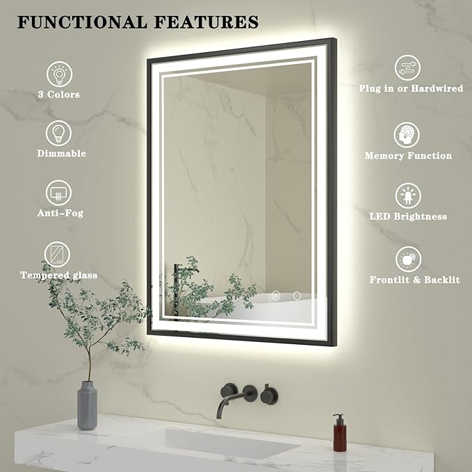 24" x 32" LED Bathroom Mirror with Lights Black Framed LED Mirror for Bathroom Lighted Bathroom Mirror Backlit and Front Black Aluminum Frame Anti-Fog Dimmable Vanity Adjustable Memory