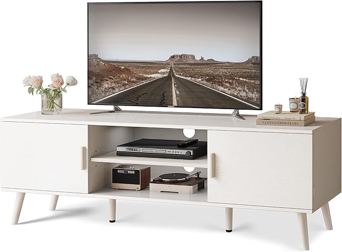 SUPERJARE TV Stand for 55 Inch TV, Entertainment Center with Adjustable Shelf, 2 Cabinets, TV Console Table, Media Console, Solid Wood Feet, Cord Holes, for Living Room, Bedroom, White