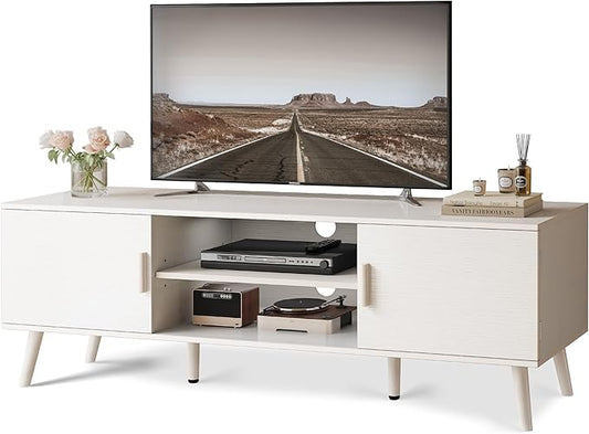 SUPERJARE TV Stand for 55 Inch TV, Entertainment Center with Adjustable Shelf, 2 Cabinets, TV Console Table, Media Console, Solid Wood Feet, Cord Holes, for Living Room, Bedroom, White