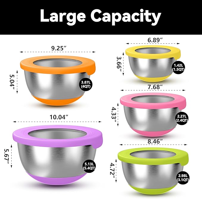 Stainless Steel Mixing Bowls with Lids – Set of 5 Large Nesting Metal Bowls for Kitchen, Baking, Cooking, Food Prep & Storage, Non-Slip Base, Dishwasher Safe, Multicolor