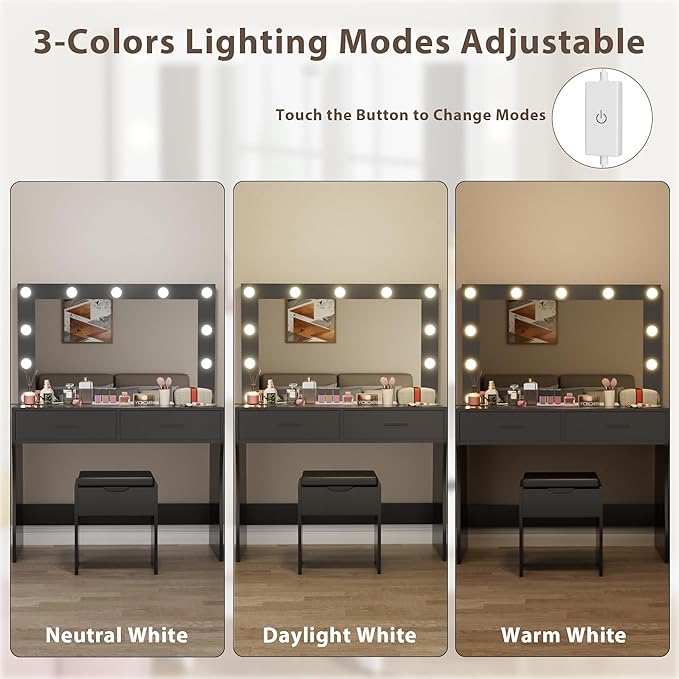 Furmax Vanity Desk Set with Large Lighted Mirror, 35.4 Inch Makeup Vanity Table with 2 Drawers, Cushioned Storage Stool, 3 Lighting Modes Brightness Adjustable, Dressing Table for Bedroom (Black)