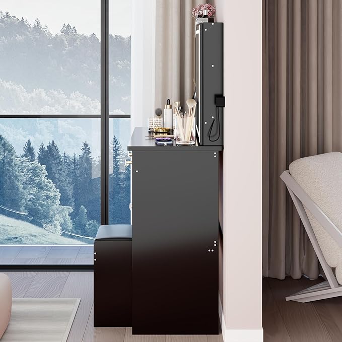 37" Vanity Desk with Mirror and Lights, Makeup Table with Led Lights and Sliding Mirror, 3 Lighting Colors, Vanity Set with 6 Drawers and Stool for Bedroom, Black