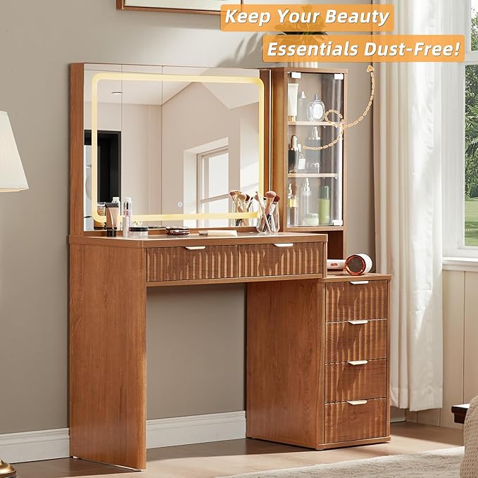 LEYAOYAO Vanity Desk with Mirror and Lights, 43.5'' Fluted Makeup Vanity with 6 Drawers and Adjustable Shelves, Glass Top Make Up Vanity, Girls Wood Dressing Table with Power Outlet for Bedroom