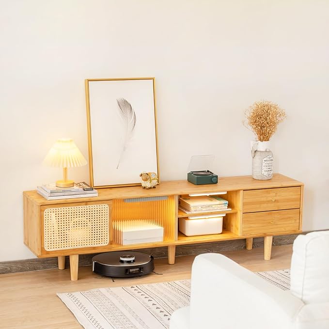 Tiita Rattan TV Stand for 55 60 Inch TV, Bamboo TV Cabinet with 2 Drawers, Boho Entertainment Center with Adjustable Shelf, Mid Century Modern Media Console for Bedroom, Living Room, Study