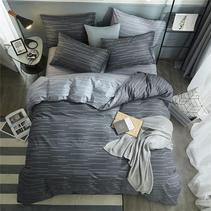 mixinni Comforter Twin/Twin XL College Dorm Modern 3 Piece Grey Geometric Striped Pattern Comforter Set Men Boys for All Season, 1 Soft Fluffy Reversible Comforter and Two Pillowcases-Twin XL Size