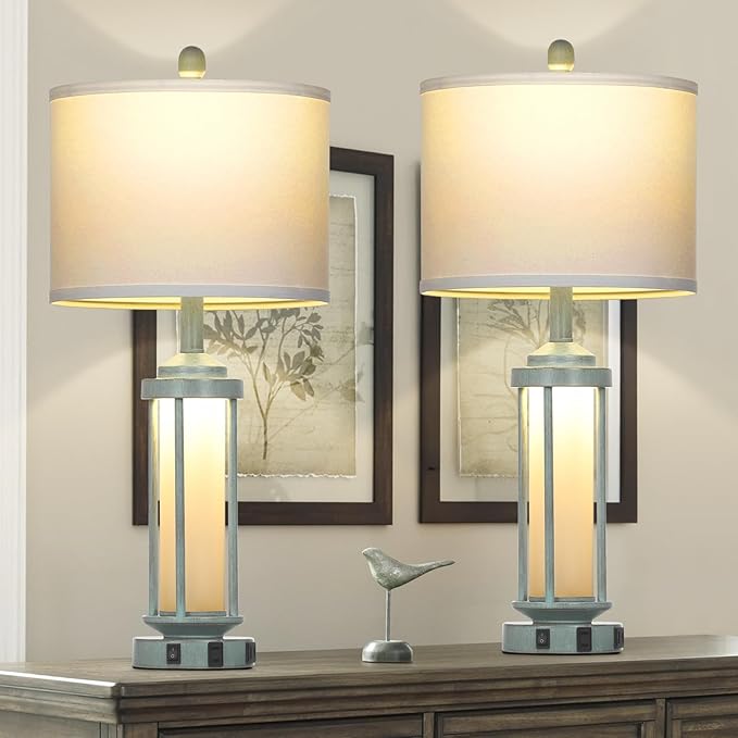 Farmhouse Table Lamps for Living Room, 27" Vintage Rustic Beside Lamp Set of 2 with USB A+C Charging Ports & AC Outlet, Retro Nightstand Lamp with Fabric Shade for Bedroom Entryway(4 Bulbs Included)