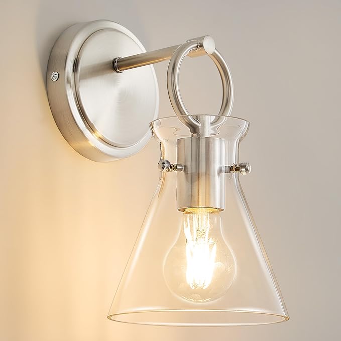 Wall Sconce for Bathroom Modern Vanity Light Fixtures Wall Mount Lighting Lamp Farmhouse Wall Lights with 6 Inch Clear Glass Shade for Bedroom Living Room Mirror Kitchen, Brushed Nickel, 1 Pack