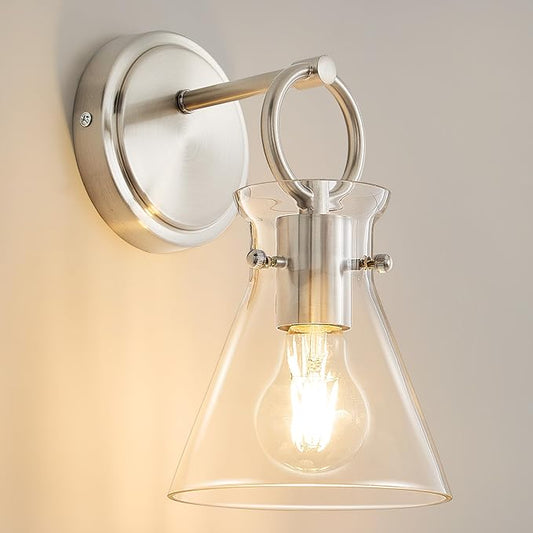 Wall Sconce for Bathroom Modern Vanity Light Fixtures Wall Mount Lighting Lamp Farmhouse Wall Lights with 6 Inch Clear Glass Shade for Bedroom Living Room Mirror Kitchen, Brushed Nickel, 1 Pack