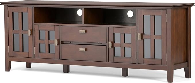 SIMPLIHOME Artisan SOLID WOOD 72 inch Wide Transitional TV Media Stand in Russet Brown For TVs up to 80 inches for the Living Room and Entertainment Center