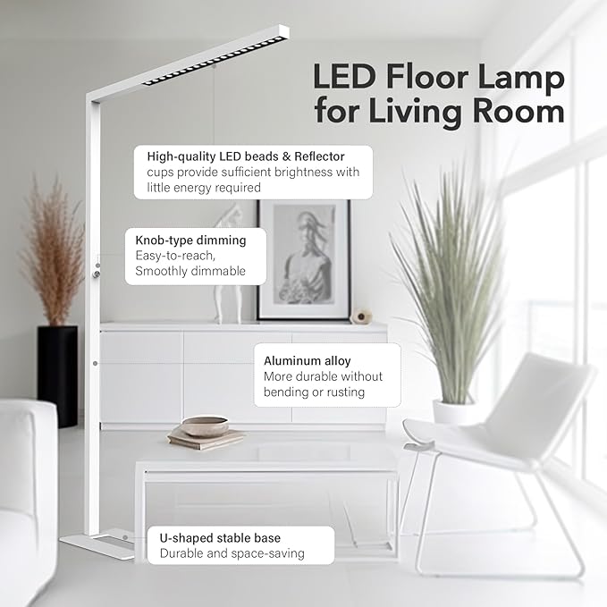 STERREN 77" LED Floor Lamp for Office, 7350LM Dimmable Eye-Care Standing Piano Lamp,70W Tall Reading Light, 4000K Bright Lighting for Living Room - White