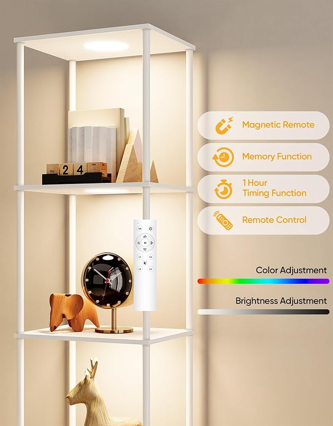 Display Shelf with RGBCW Light, Color Changing Curio Cabinet Floor Lamp with Shelves Corner Standing Column Lamp Etagere Organizer Tower Nightstand Bookcase for Living Room Bedroom Office Décor White