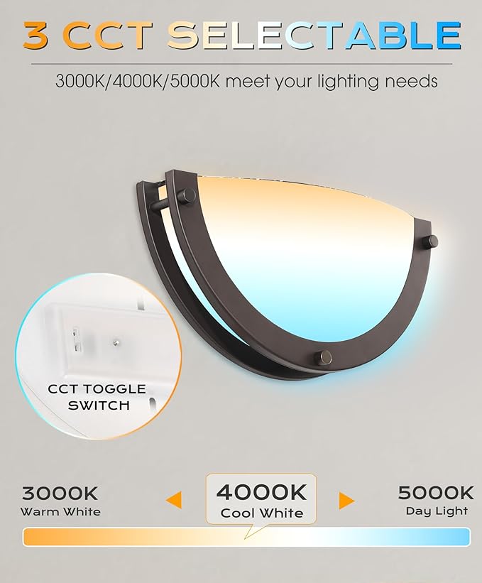 CLOUDY BAY 12 inch Wall Lamp,CRI90+15W 3000K/4000K/5000K Color Temperature Adjustable Dimmable Wall Sconce,LED Half Moon Wall Fixture, Oil Rubbed Bronze