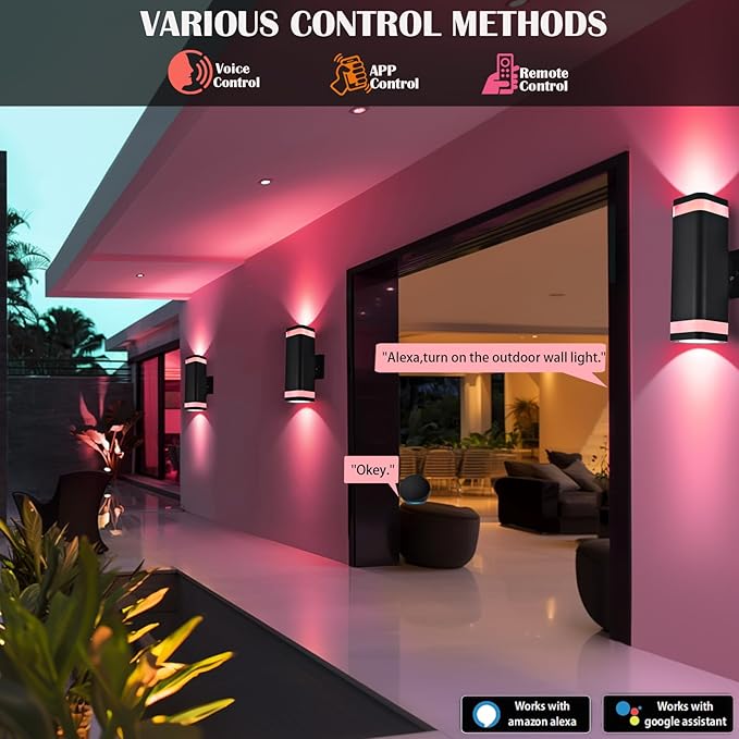RGB Outdoor Wall Lights Outside Lighting 2 Pack, Square Black Outdoor Light Fixtures Wall Mount, Color Changing Up Down Wall Sconce, IP65 Porch Lights,Modern Exterior Lights for House