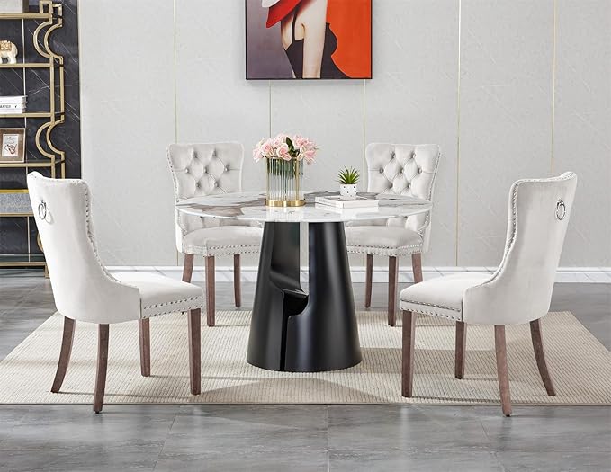 5-Piece Faux Marble Round Dining Table Set for 4, Modern Luxury Kitchen Table Set for 4 with Beige Tufted Chairs,Circle Dining Tables with Pandora Grain Top and Black Pedestal Base
