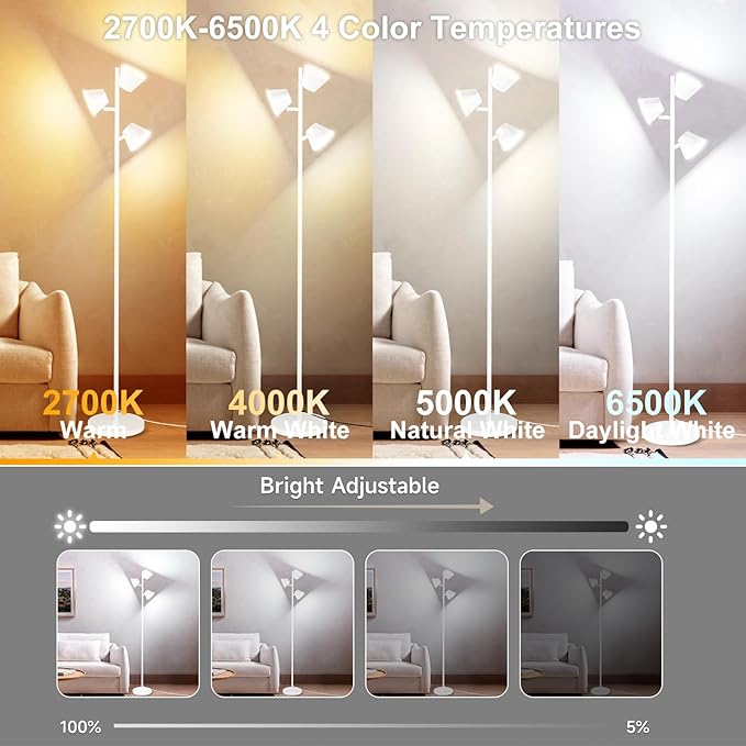 White 42W Tree Floor Lamp, Super Bright LED Standing Lamp with Remote, Modern Dimmable Floor Lamps,Individual Control, Rotable Head LED Lamp for Living Room Bedroom Office