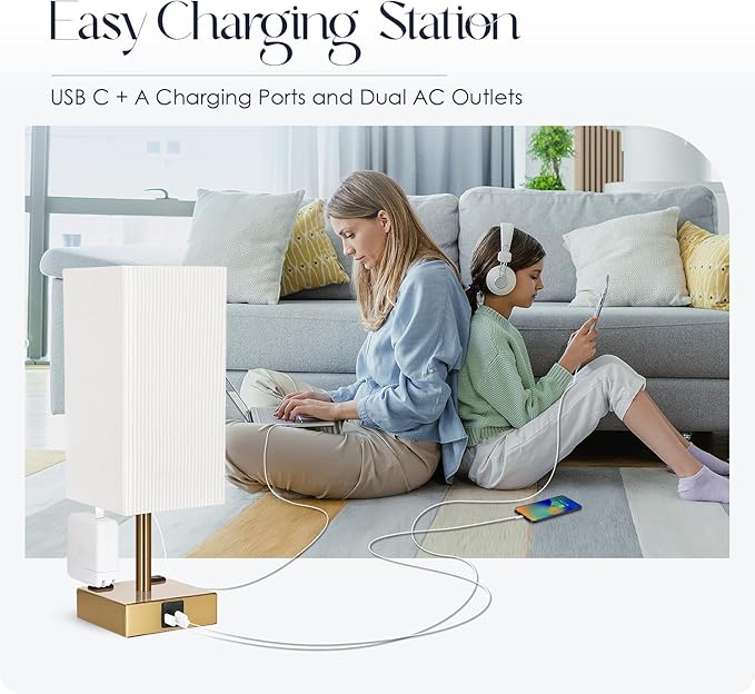 Bedside Lamp with USB Ports - Touch Control Table Lamp for Bedroom with USB C+A Ports & AC Outlets, 3 Way Dimmable Nightstand Light with Pleated Shade for Living Room(Bulb Included)