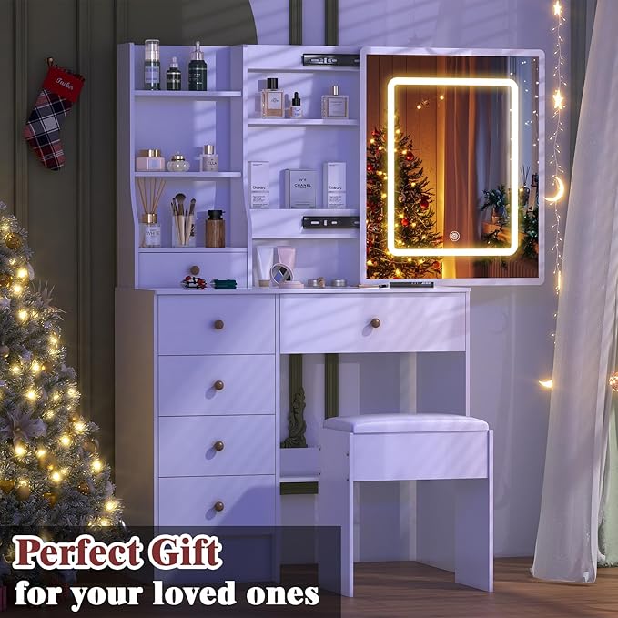 Vanity Desk with Sliding Mirror and LED Lights, Small Makeup Vanity Table Set with Chair and Drawers, White Vanity with Lighted Mirror for Bedroom, Dressing Table for Teen Girls and Women