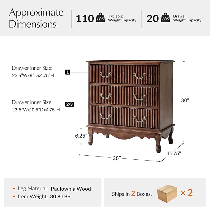 HULALA HOME Transitional Side Table Set of 2 with 3 Drawers and Charging Station, 28" Solid Paulownia Wood Sidetable with Vertical Stripe, Walnut