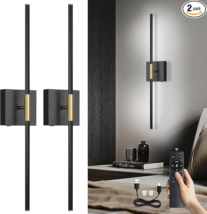 Battery Operated Wall Sconces Set of 2, Battery Wall Sconce with Remote Control,350°Rotate, LED Rechargeable Sconces,3000K-6000K Wireless Wall Light for Bedroom, Living Room, Hallway (Black,28Inch)