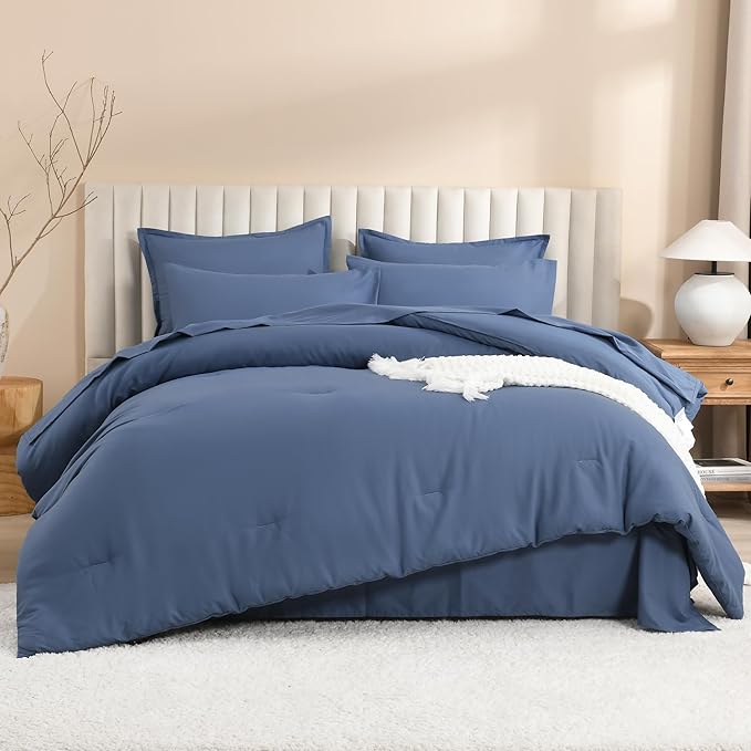 Litanika Full Size Comforter Sets Ocean Blue - 7 Pieces Bed in a Bag Full Bedding Comforter Sets, Solid Lightweight Bed Set with Comforter, Sheets, Pillowcases & Shams