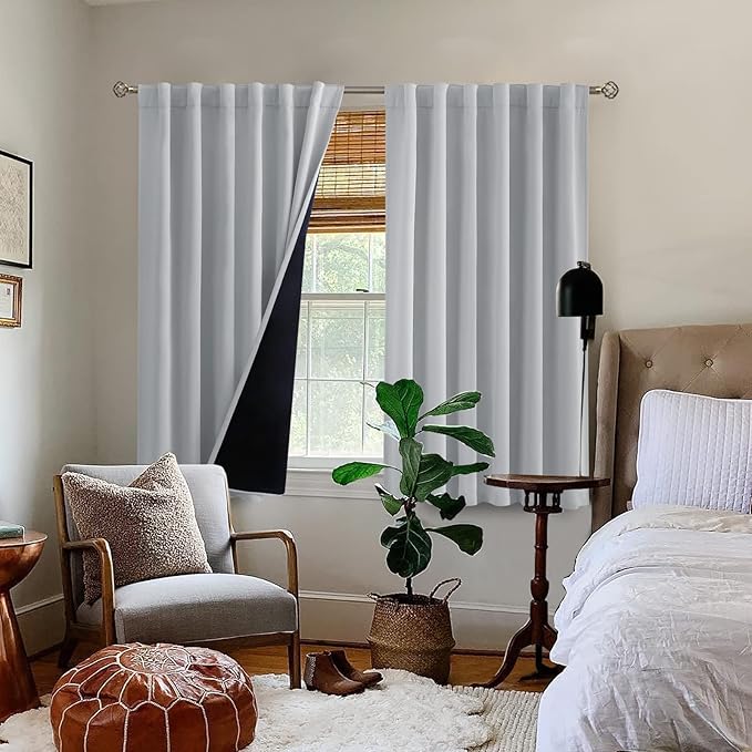 BGment Light Grey 100% Blackout Curtains 54 Inches Long with Black Liner, Rod Pocket and Back Tab Double Layer Full Room Darkening Thermal Window Curtains for Bedroom, 2 Panels, Each 52 x 54 Inch