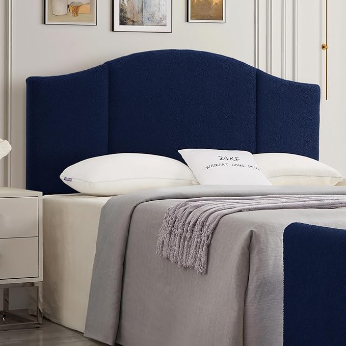 24KF Middle Century Upholstered Foldable Headboard, Modern Boucle Teddy Fabric Queen/Full Headboard 6033-Q-Navy